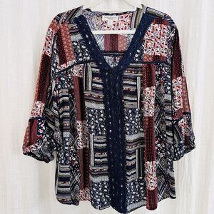 JohnPaulRichard Woman Multicolor Patchwork Boho Soft Flowy Blouse. Size 1X. EUC.